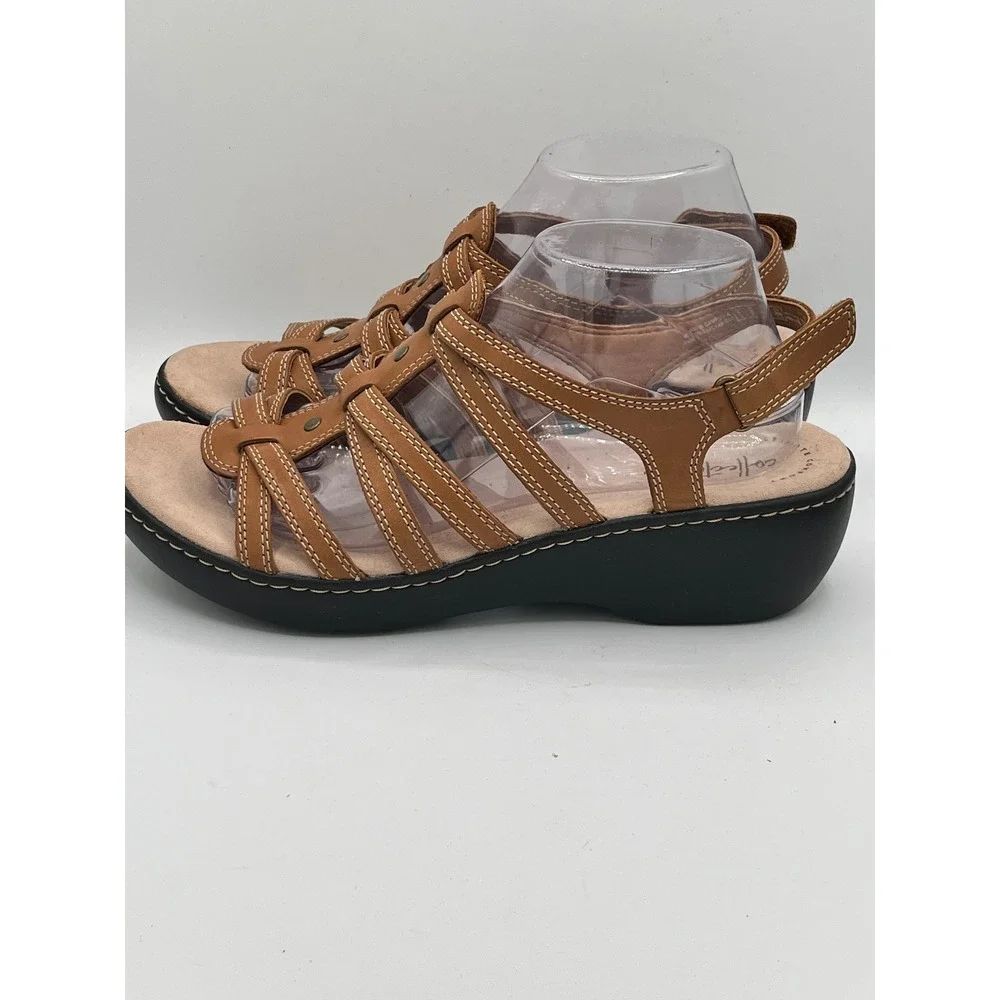 Clarks Delana Curve Women Sz 10M Tan Leather Strappy Wedge Sandals Comfort
